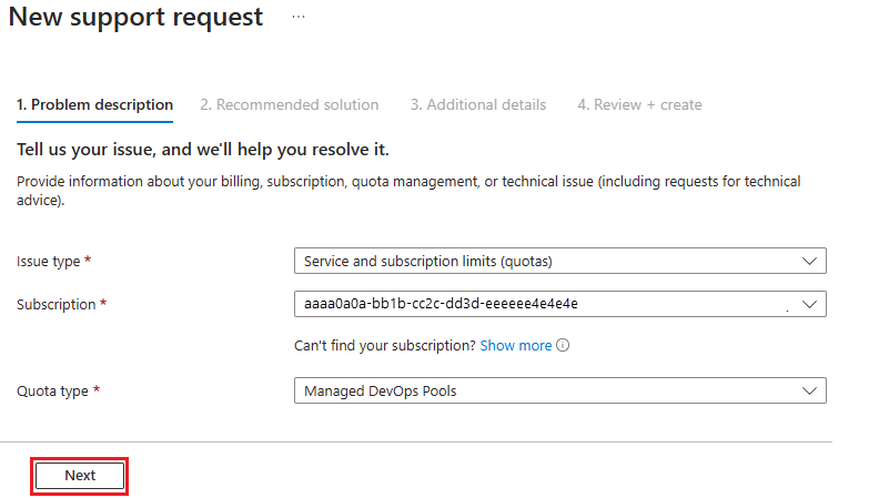Screenshot of new quota support request