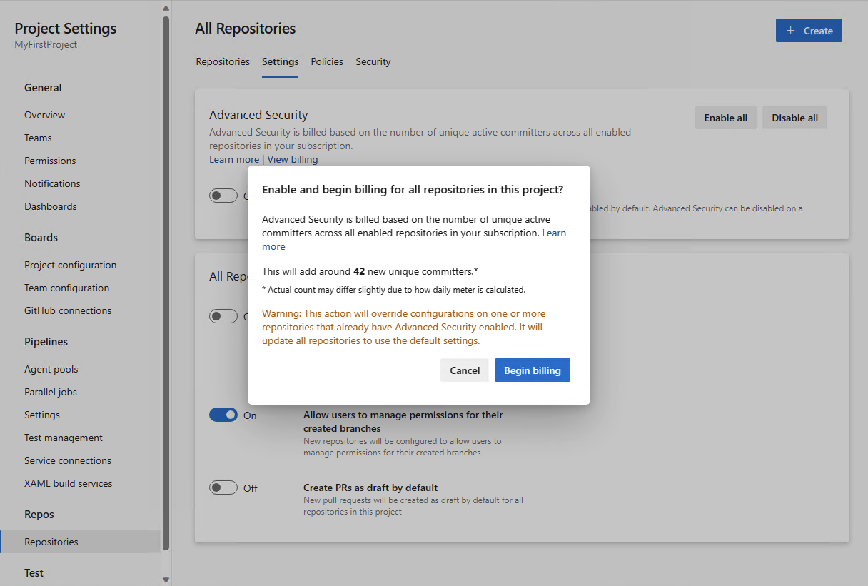 Screenshot of Advanced Security enablement Screenshot of Advanced Security enablement.