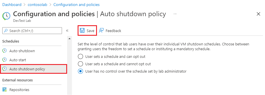 Screenshot showing setting autoshutdown policy options.