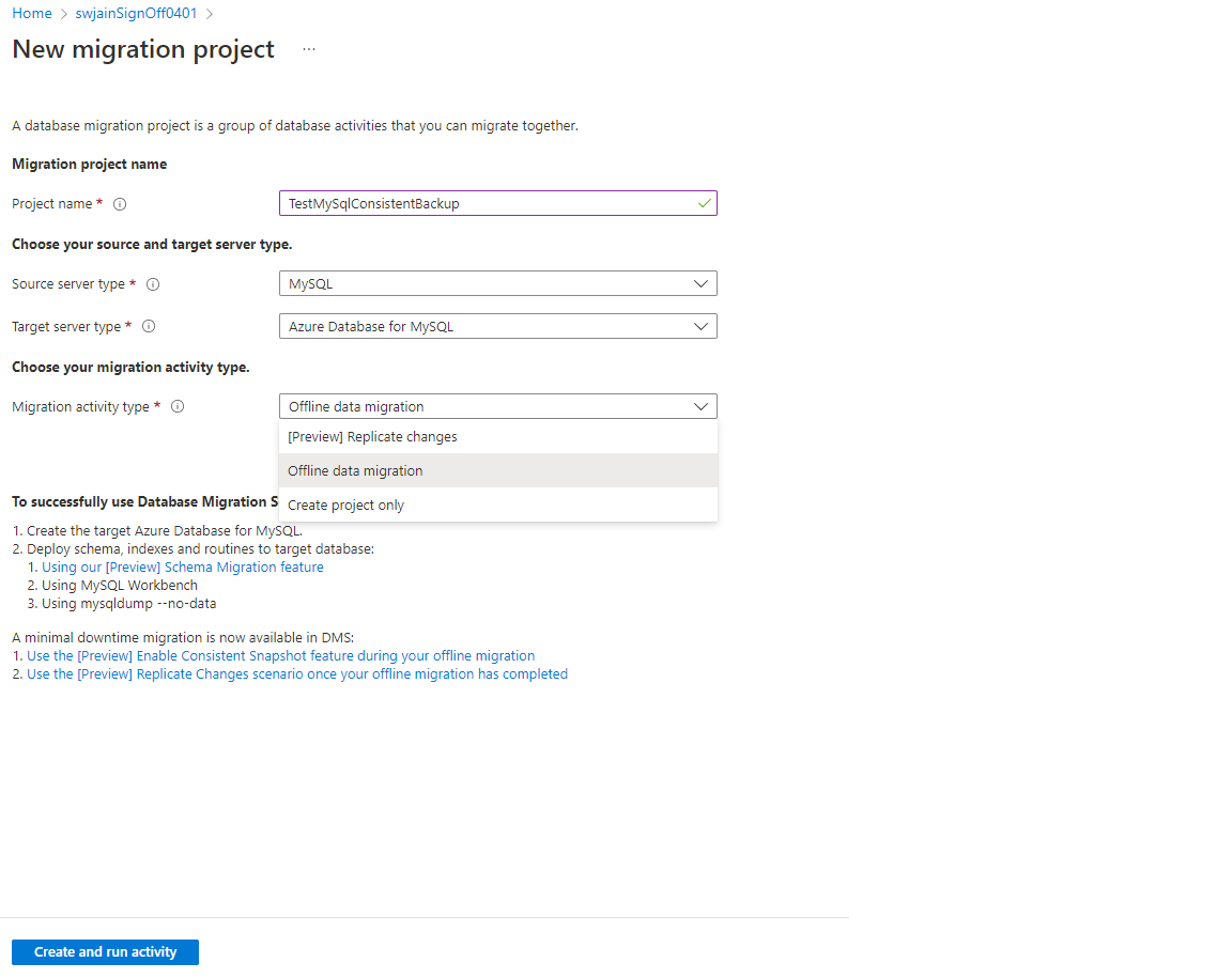 Screenshot of a Create a new migration project.