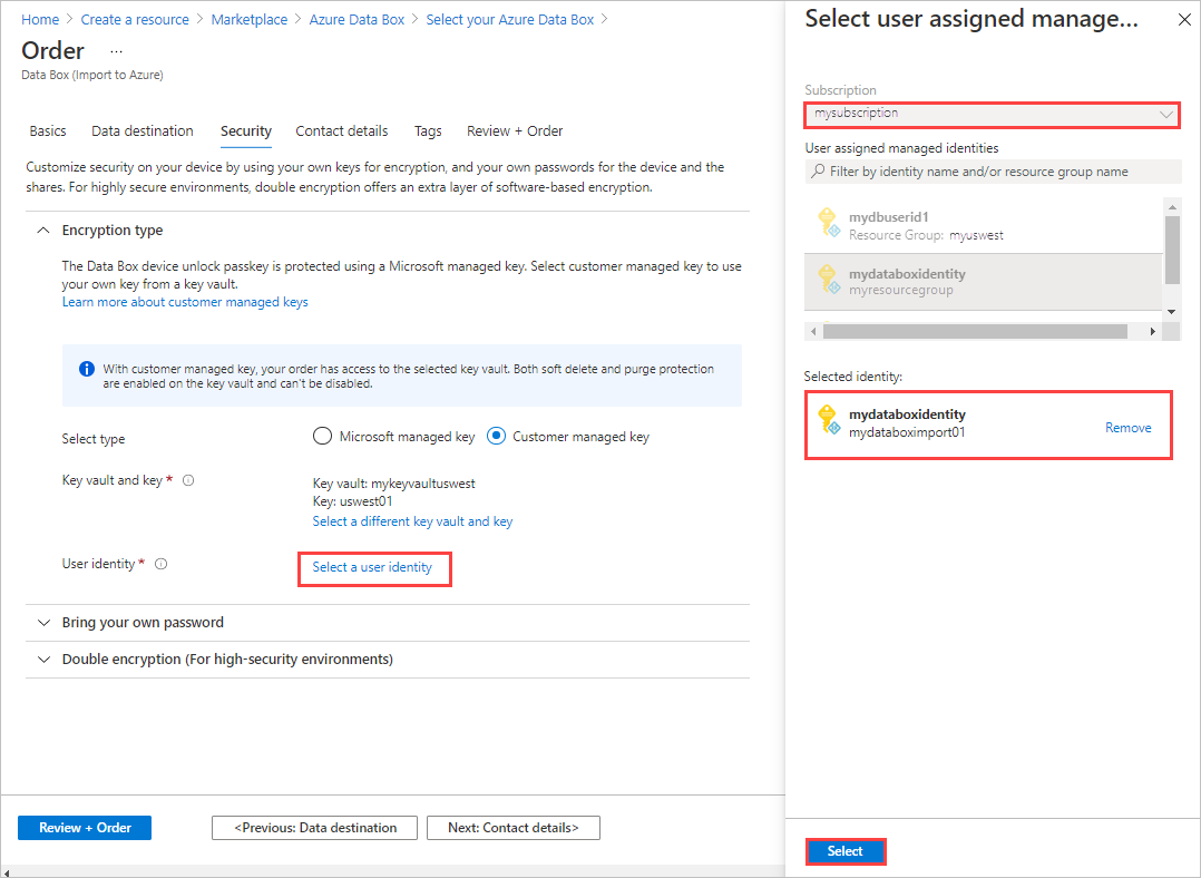 Screenshot of Security tab showing 'Select user assigned management identity' panel for a Data Box order. Subscription and Selected Identity fields are highlighted.