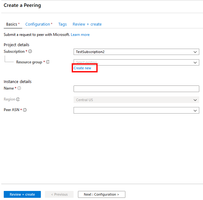 Screenshot shows the Create a Peering page Basics tab with the Create new link called out.