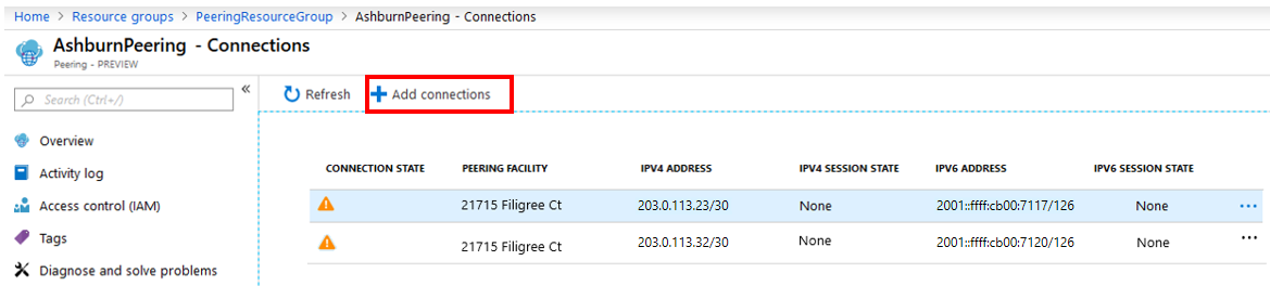 The AshburnPeering - Connections page lists the connections. The + Add connections button is highlighted.