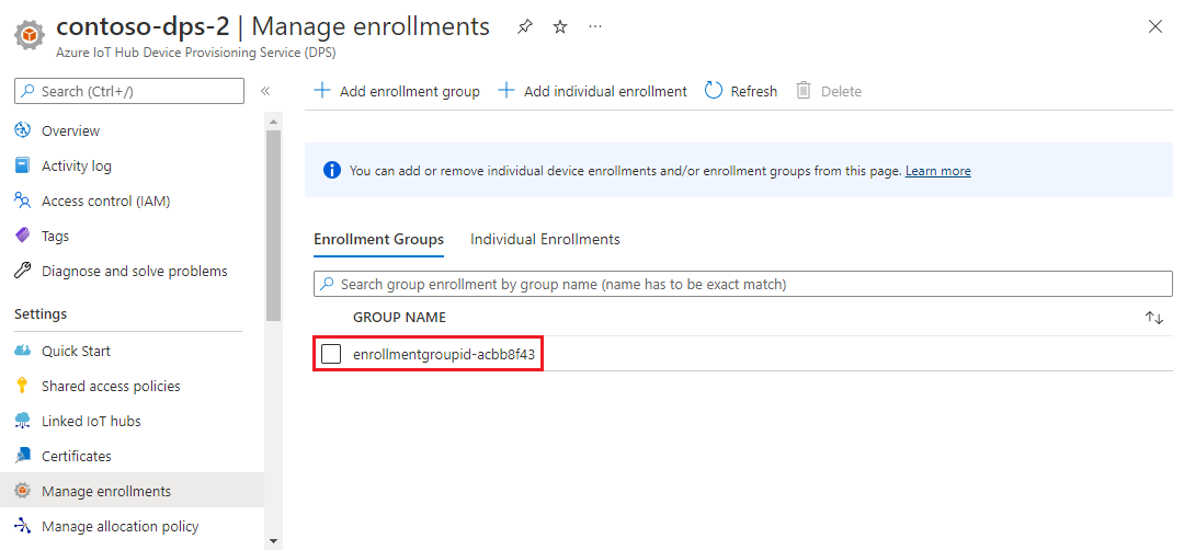 Screenshot that shows the newly created enrollment group in the portal.