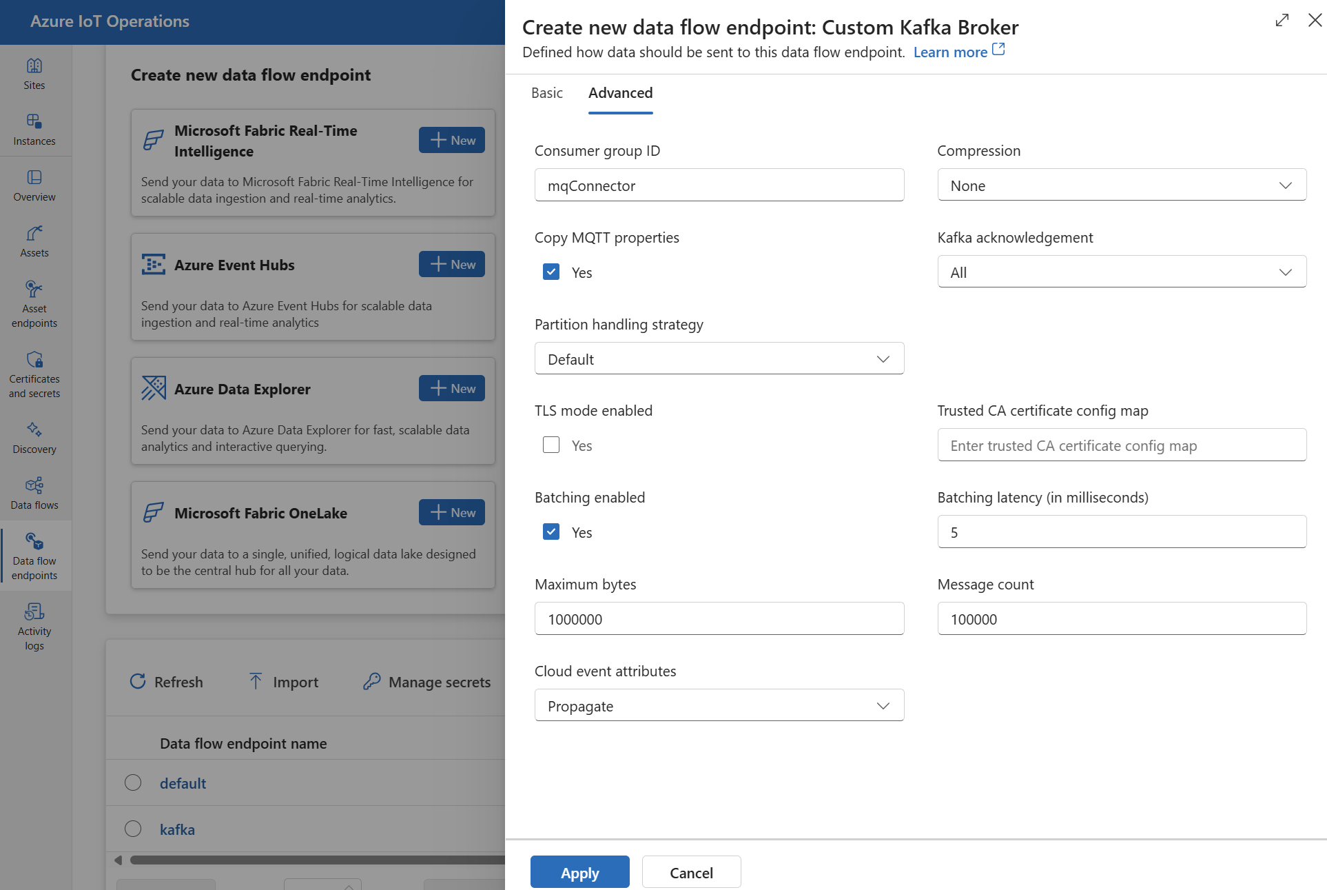 Screenshot using operations experience to set Kafka data flow endpoint advanced settings.