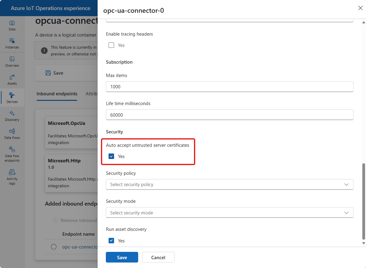 Screenshot that shows the option in the operations experience to automatically accept untrusted certificates.