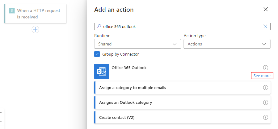 Screenshot shows workflow designer and Add an action pane with action search results, and selected See more options.
