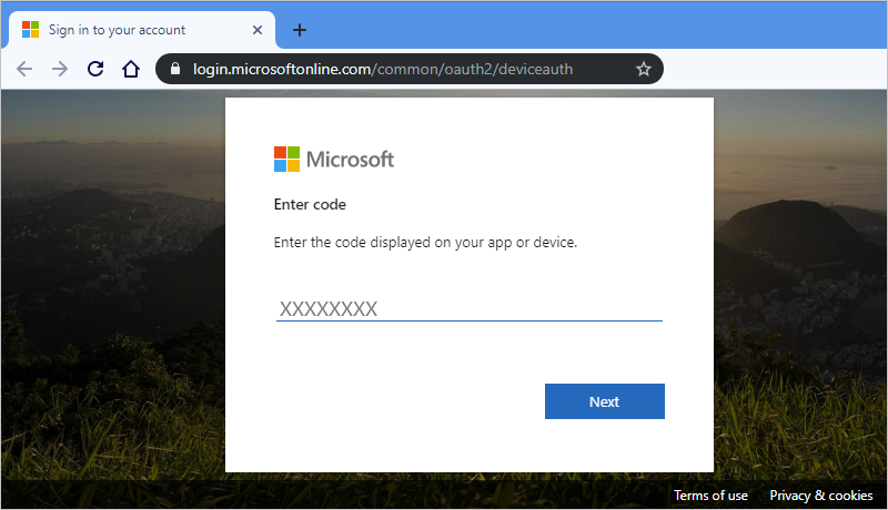 Enter authentication code for Azure sign in