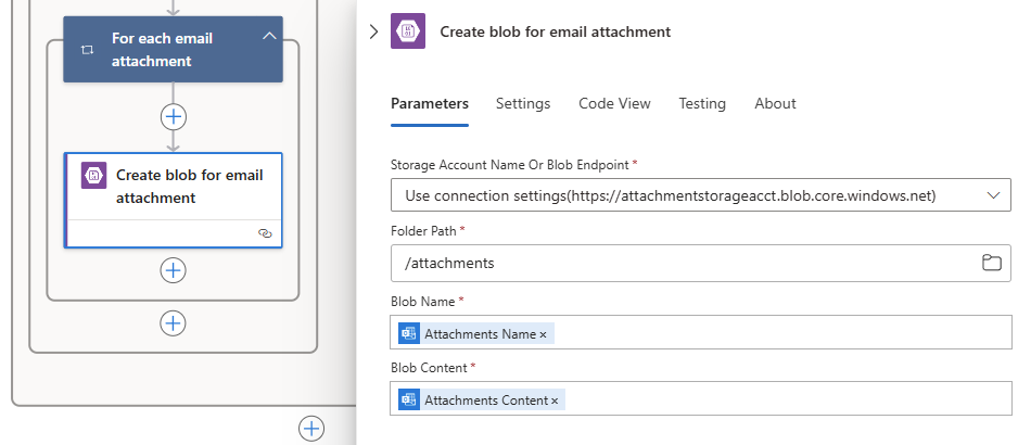 Screenshot showing example attachment information for the finished Create blob action.