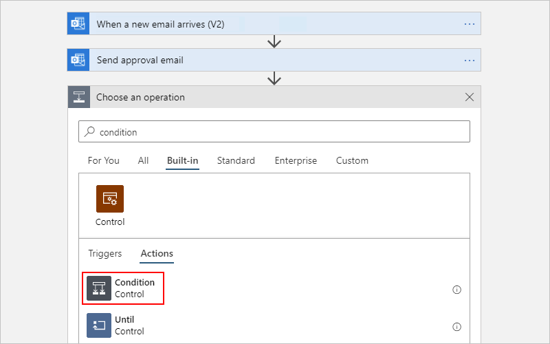 Screenshot that shows the "Choose an operation" search box with "Built-in" selected and "condition" as the search term, while the "Condition" action appears selected.