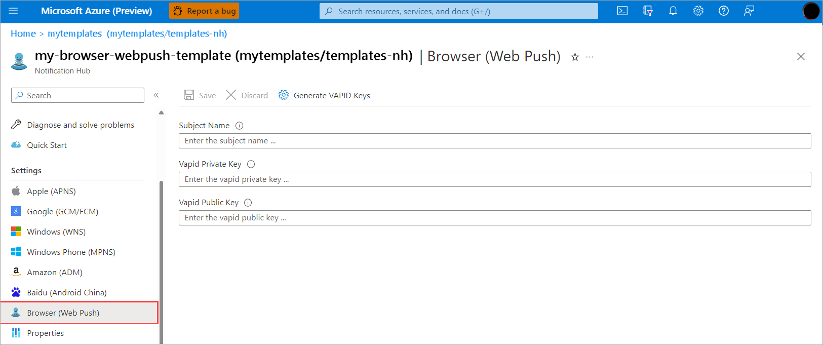 Screenshot showing the Browser (Web Push) blade in Notification Hubs.