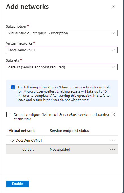 Image showing the selection of VNet and subnet.