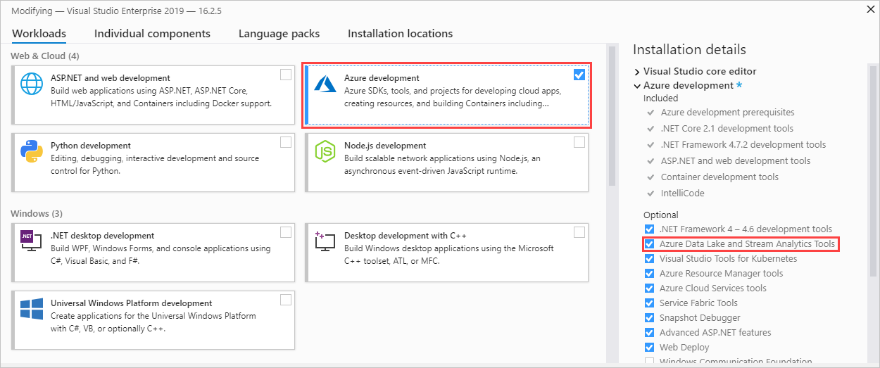 Screenshot of the Visual Studio Installer with the Azure development workload selected.