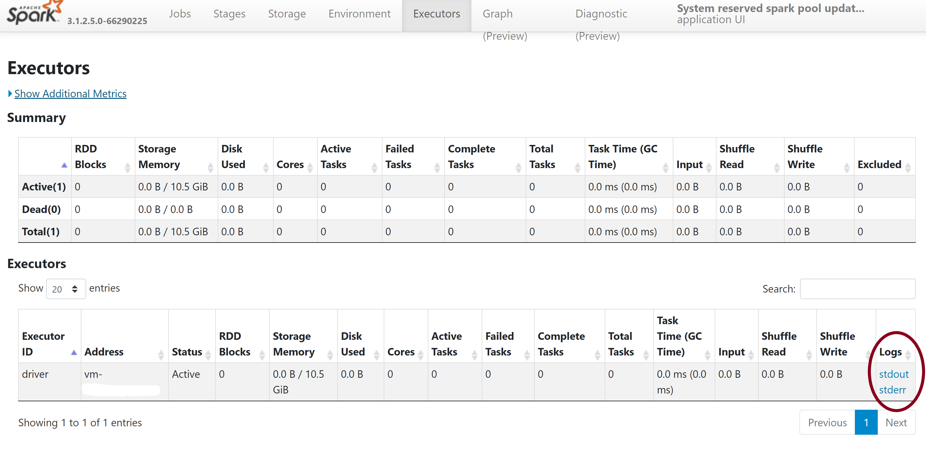 View stdout and stderr logs in the spark history server page Screenshot that highlights the spark history server page for the failed system reserved library job.