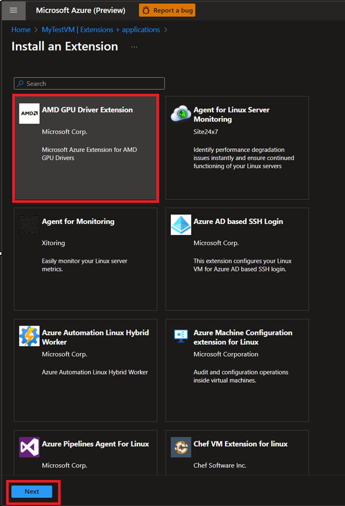 Screenshot that shows selecting AMD GPU Driver Extension.