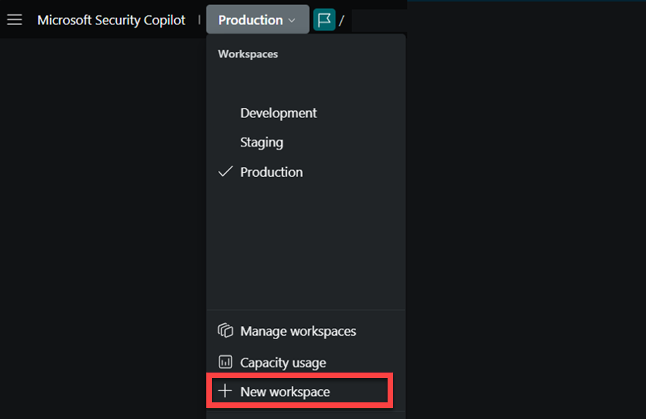 Image of accessing the new workspace option from the breadcrumb.