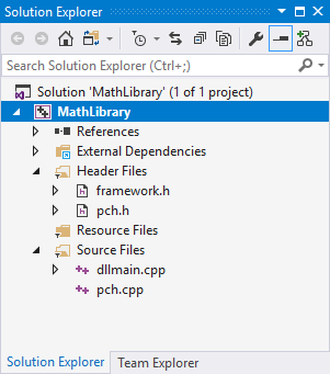 Screenshot of the Solution Explorer window with the MathLibrary project highlighted.