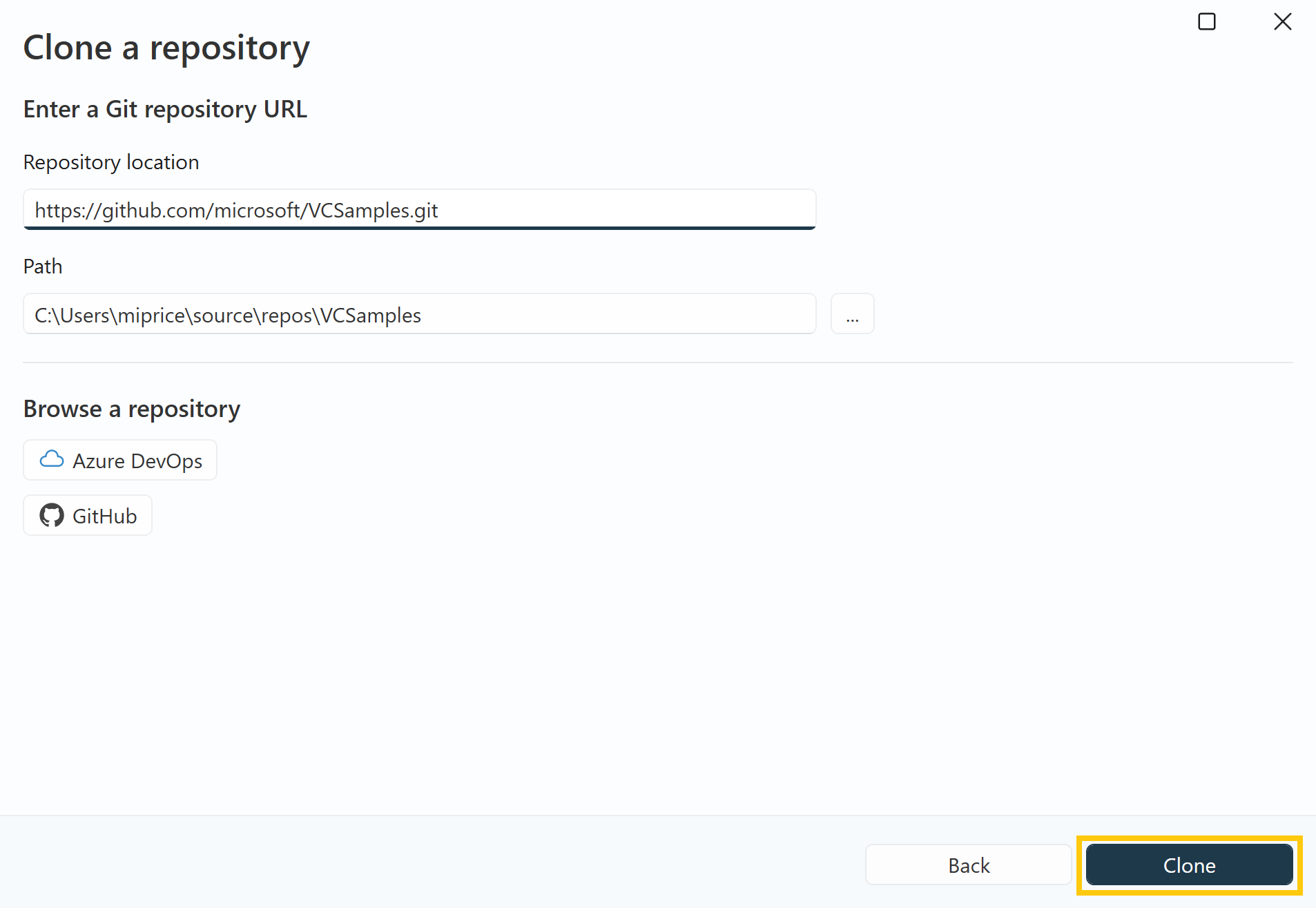 Screenshot of the Visual Studio Clone a repository window with necessary fields completed and the Clone button highlighted.