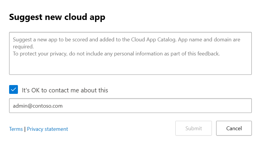 Screenshot showing the suggest a new app pop up 