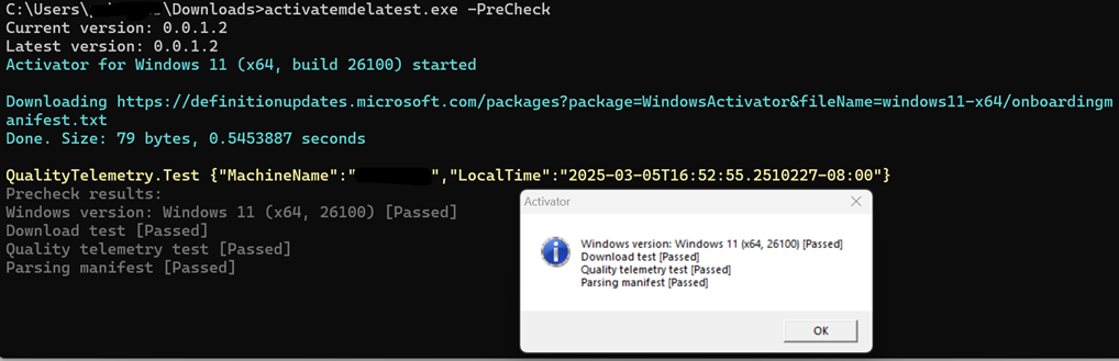 Screenshot illustrating running the Defender deployment tool in command-line mode.