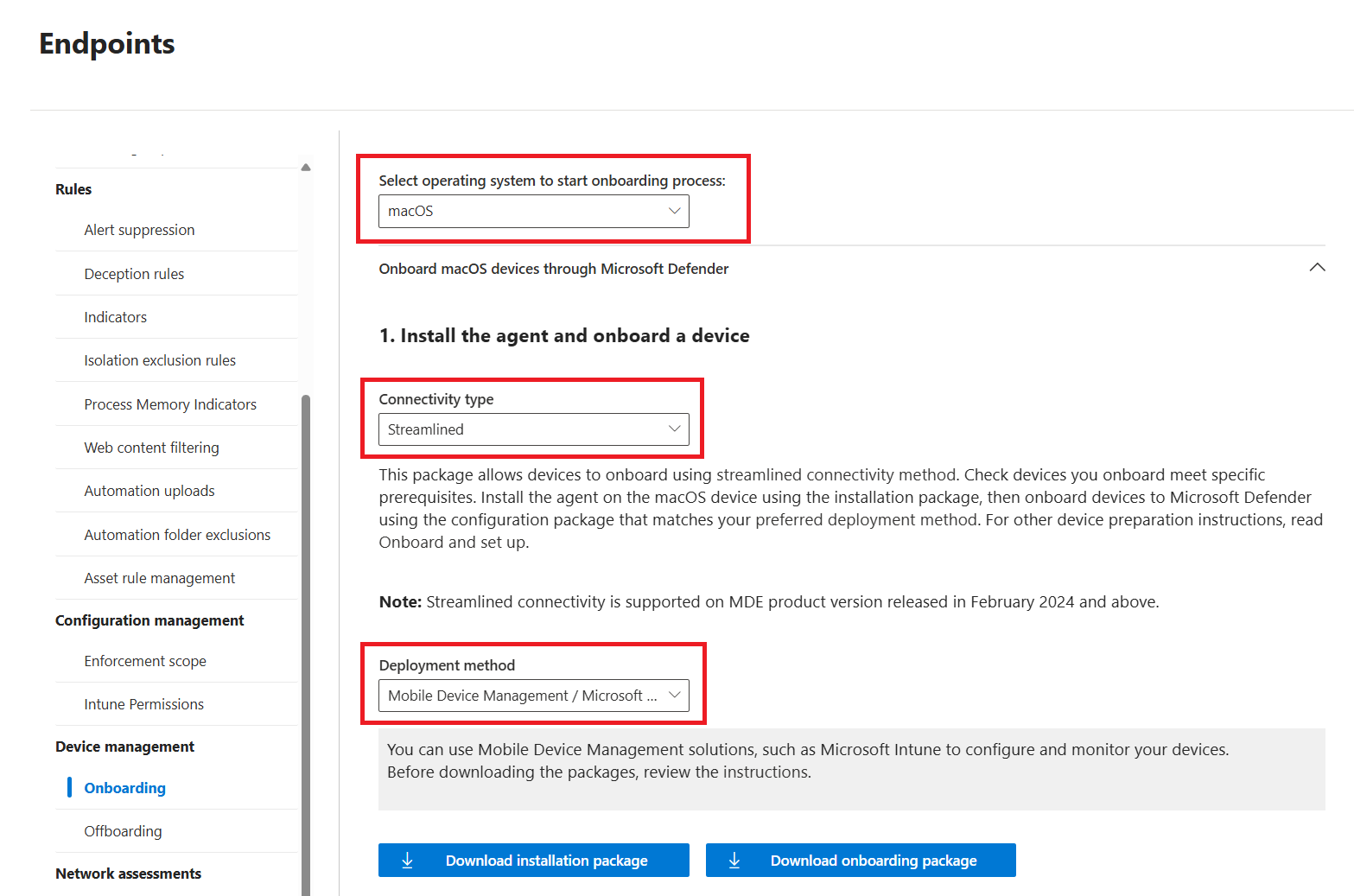 Screenshot of the Onboarding page with Deployment method Mobile Device Management / Microsoft Intune highlighted.