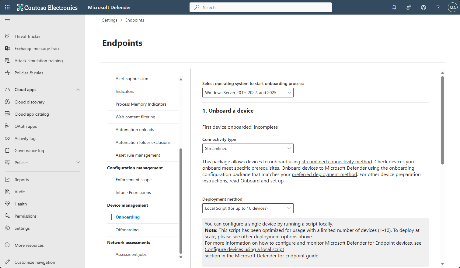 Screenshot showing the onboarding screen for Windows Server 2019 and later in Defender for Endpoint.