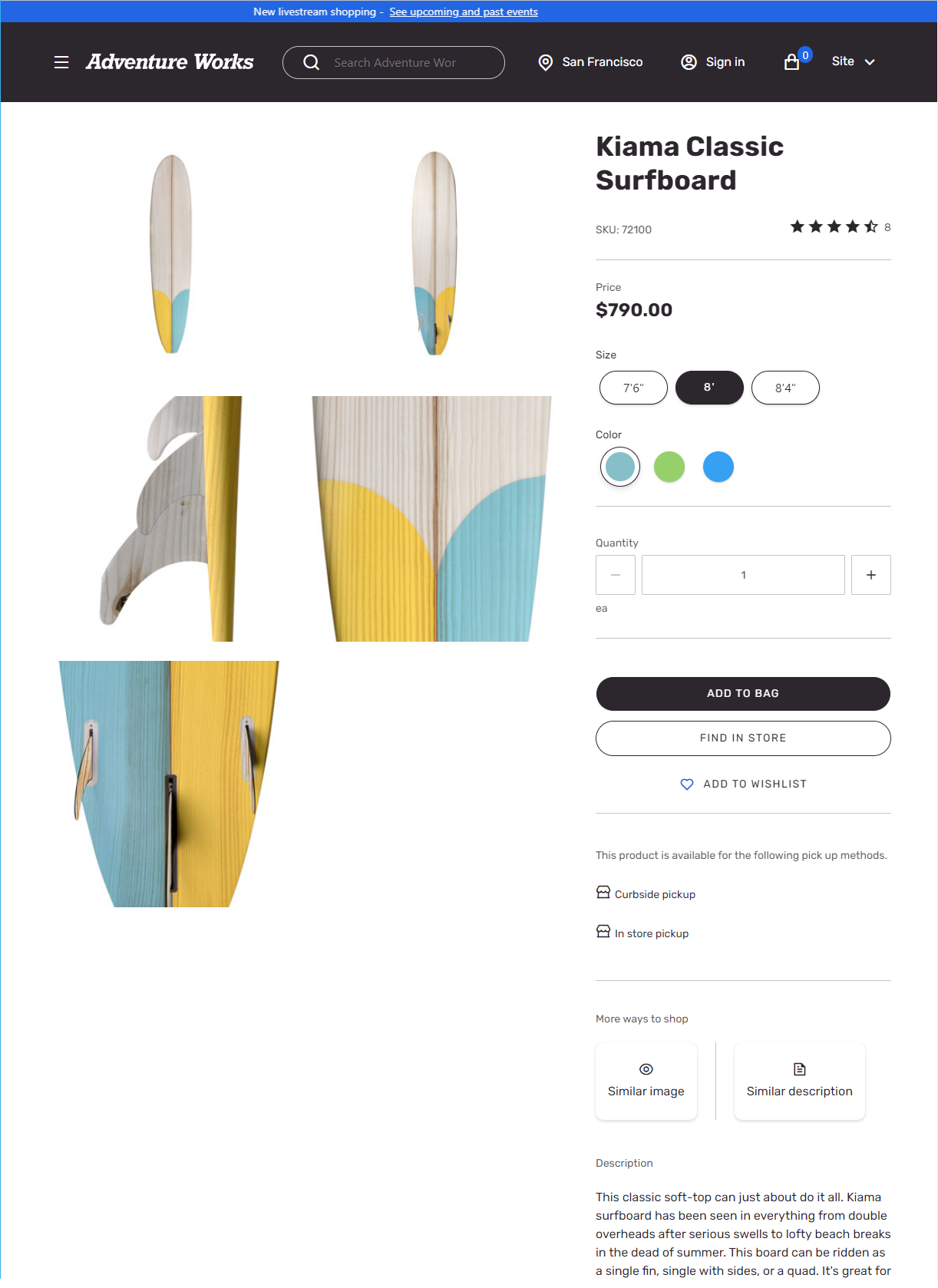 Screenshot of a product details page (PDP) that uses the Adventure Works theme.