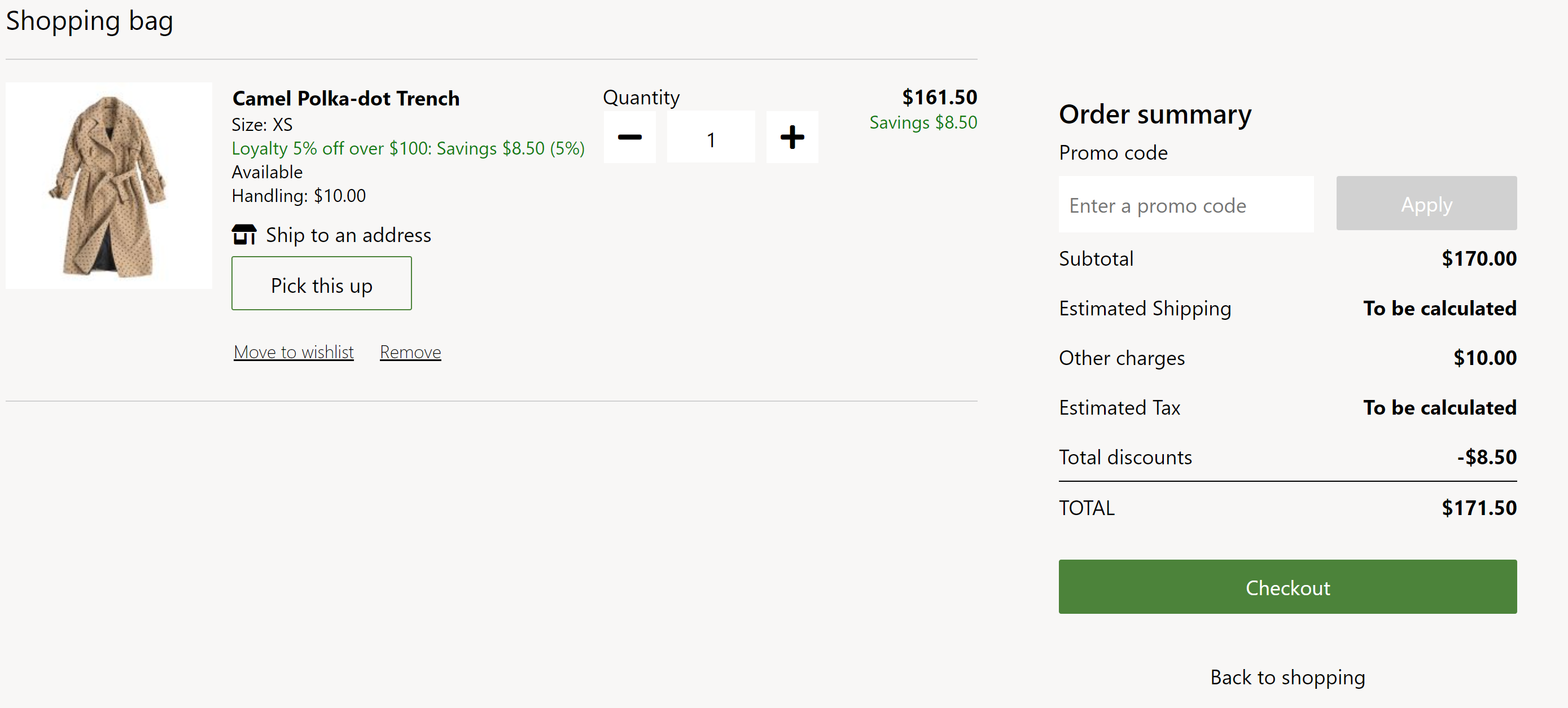 Screenshot of a cart module with a handling fee for a line item.