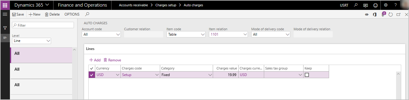 Screenshot of one line-level auto charges table example.