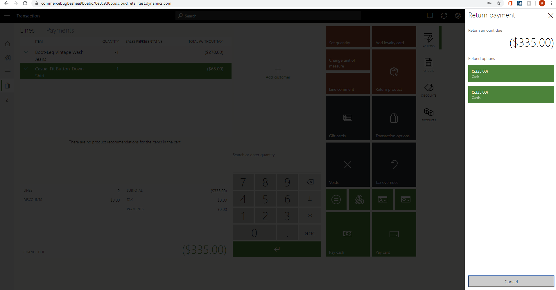Screenshot of the Return payment dialog showing refund types allowed.
