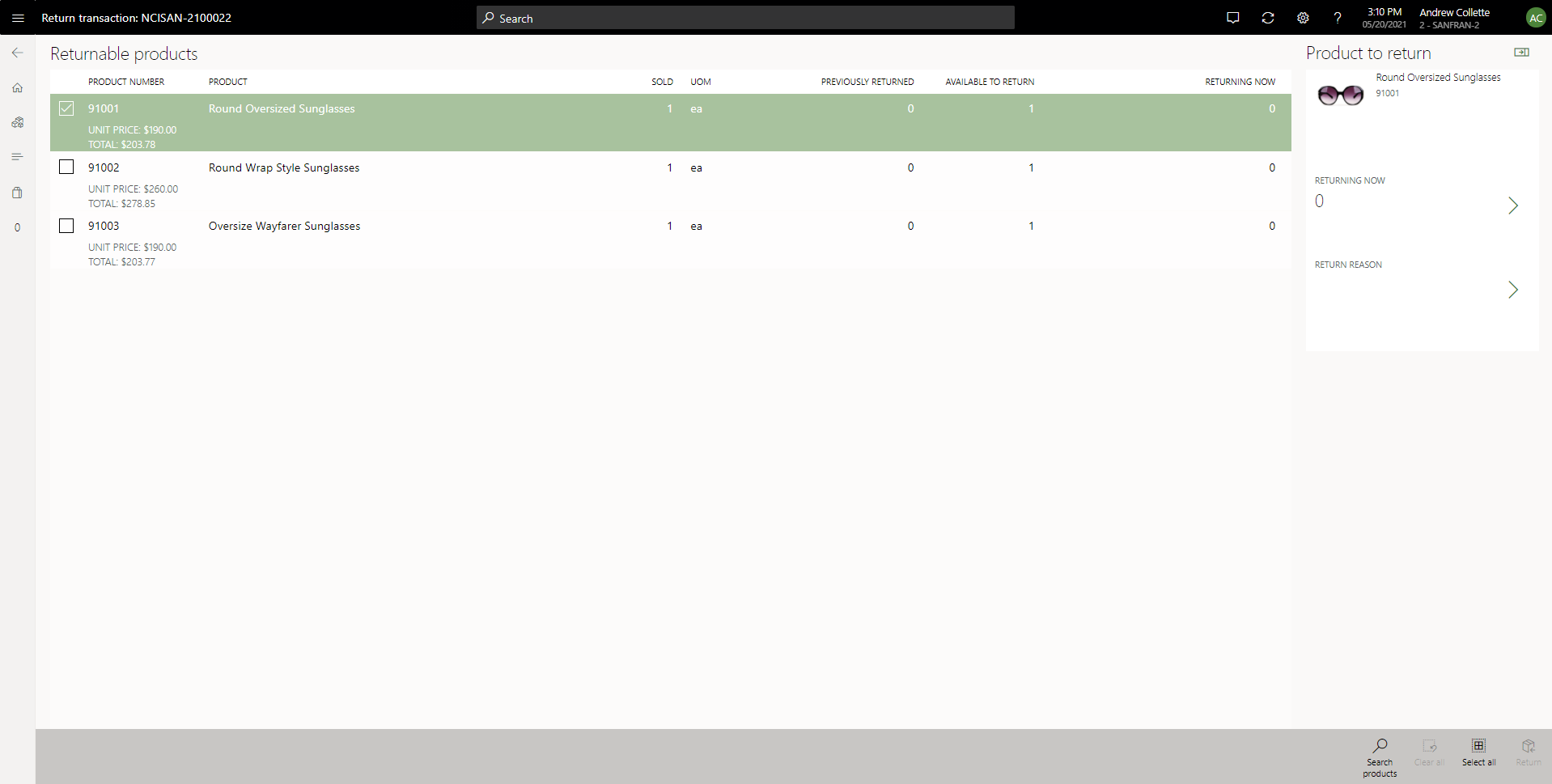 Screenshot of the returnable products page.