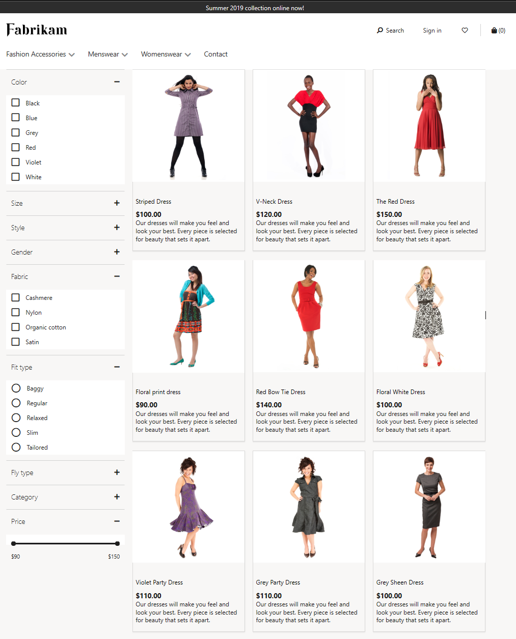 Screenshot of a search results page on the Fabrikam site.