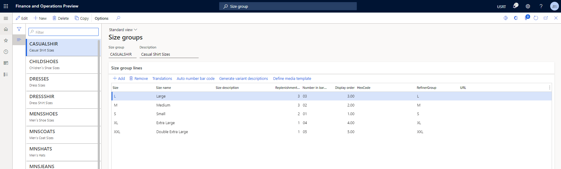 Screenshot of a size group for casual shirt sizes.