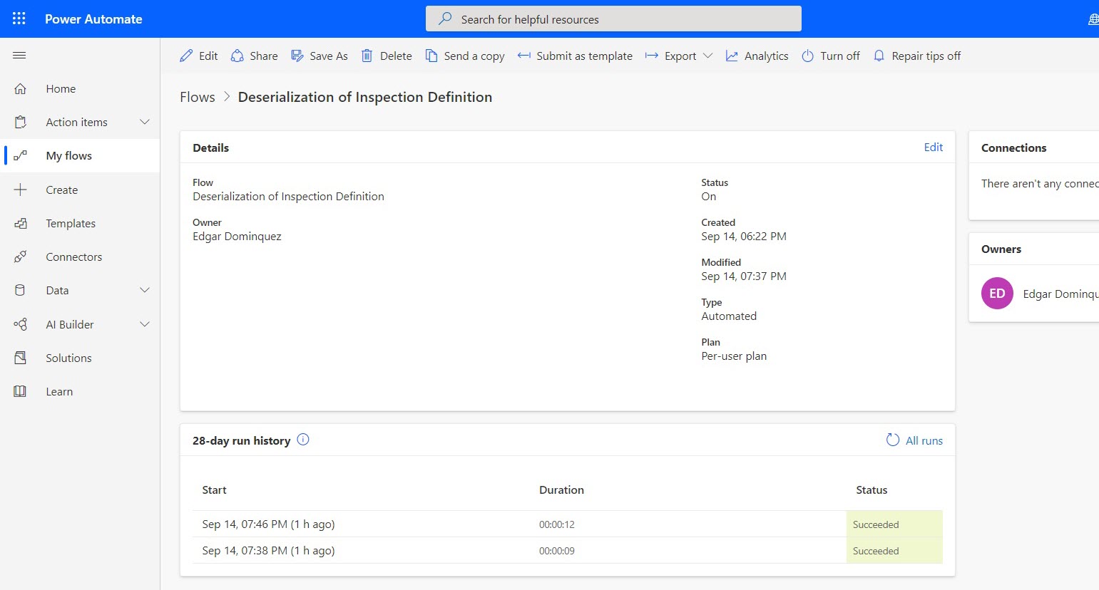 Screenshot of the Inspection deserialization flow in Power Automate.