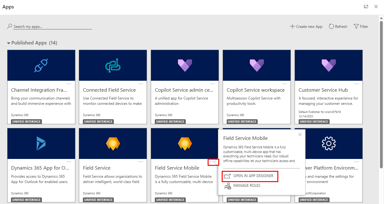 Screenshot of the Apps screen with the Field Service Mobile highlighted.