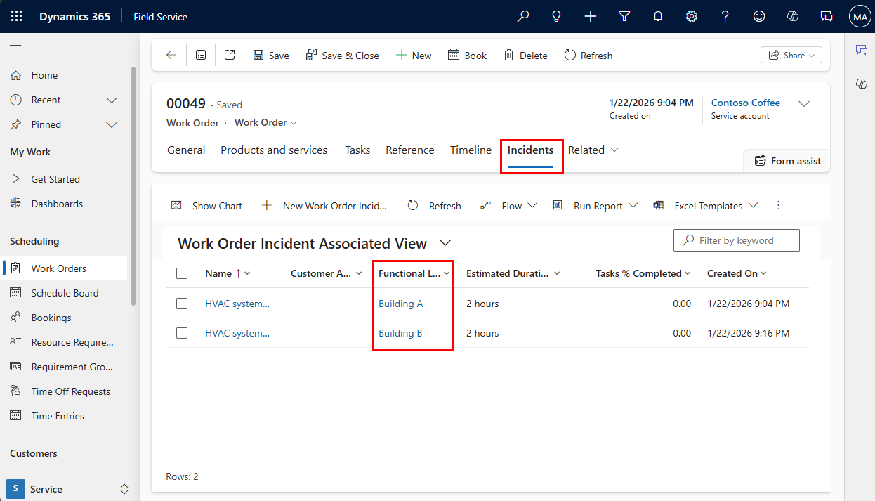 Screenshot of a work order with related incidents.