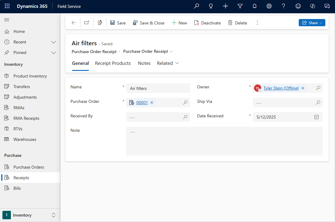 Screenshot of a purchase order receipt.