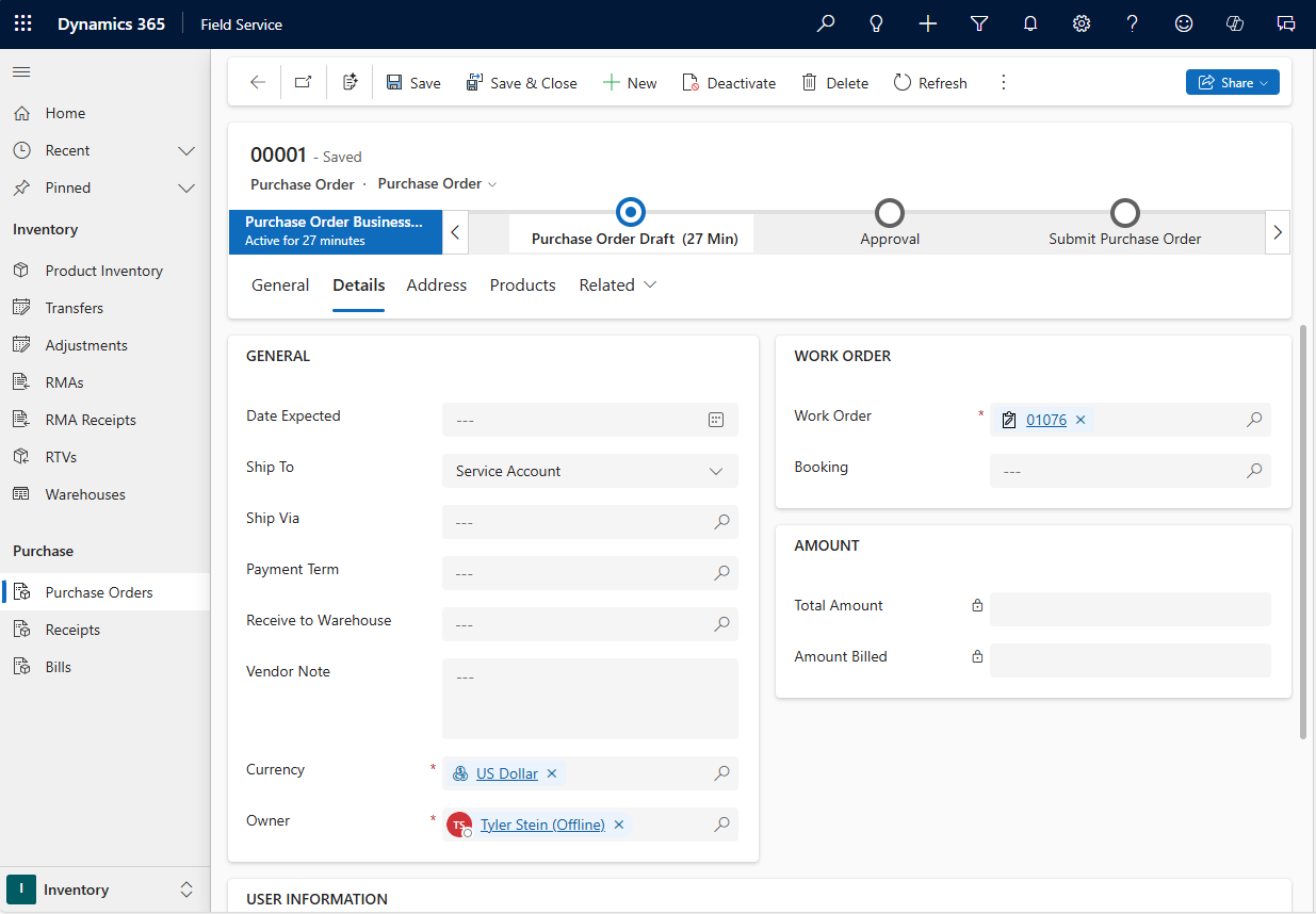 Screenshot of a purchase order in draft state.