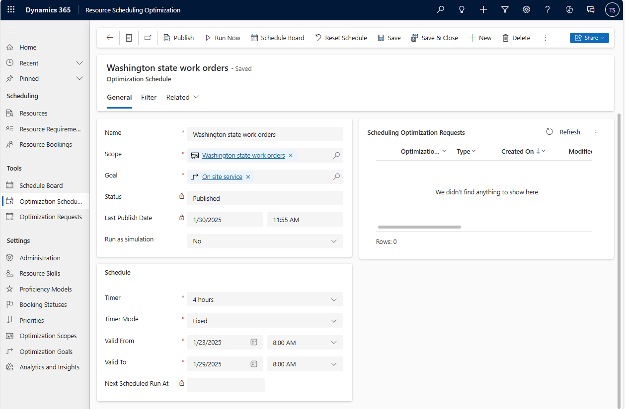 Screenshot showing an optimization schedule.