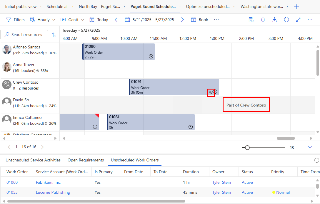 Screenshot of a schedule board with individual resources, a crew, and a crew member.