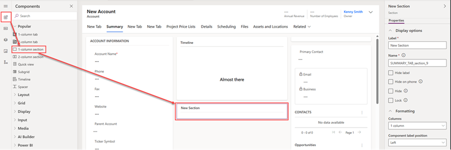 Add a section with column to the form.