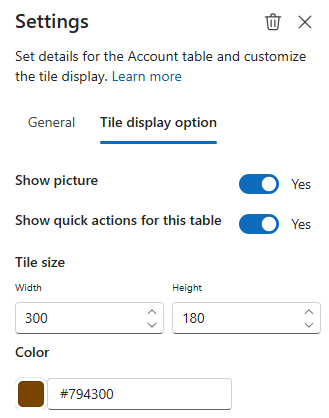 Screenshot of the tile display option tab in the account settings pane in the hierarchy designer page.