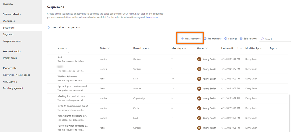 Screenshot of selecting New to create a sequence in Dynamics 365 Sales.