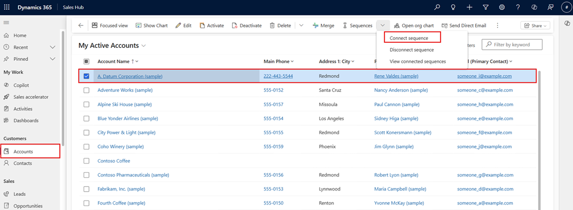 Screenshot of the Accounts grid view to connect a sequence.