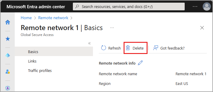 Screenshot of the delete remote network button.