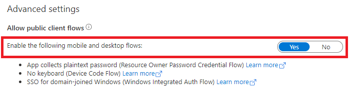 Enable public client setting on Authentication pane in Azure portal