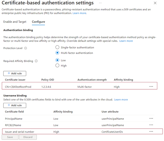 Screenshot that shows issuer and serial number added in the Microsoft Entra admin center.
