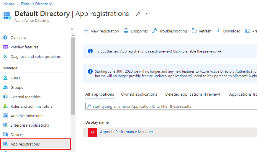 Screenshot that shows the App Registrations with Appneta Performance Manager at the bottom.