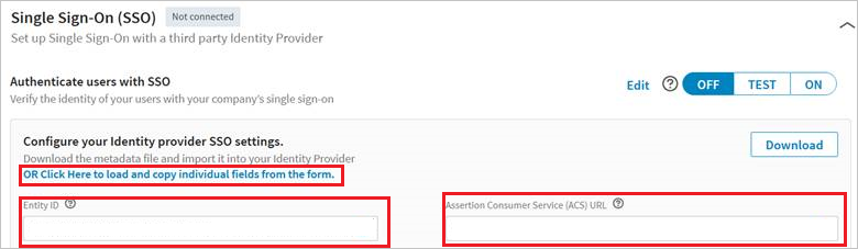 Screenshot shows Single Sign-On where you can enter the values described.
