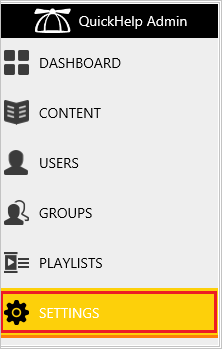 Settings Screenshot shows Settings selected from the QuickHelp Admin menu